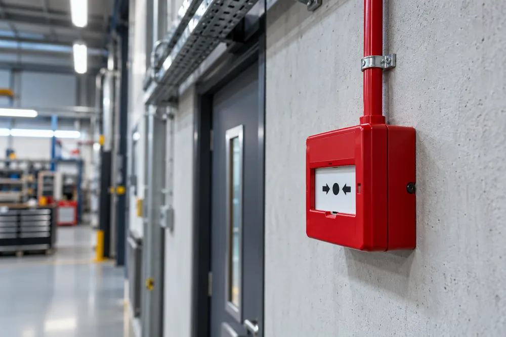 Wall-mounted red manual alarm call point illustrating Nottingham commercial alarm installations