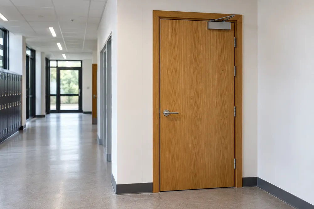 Timber commercial fire door and overhead closer illustrating Nottingham doorset inspections