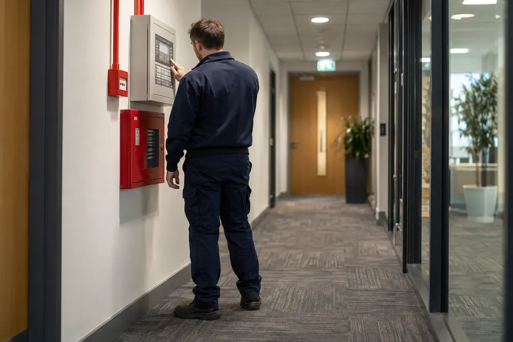 Technician examining alarm controls for the Nottingham fire alarm maintenance guide