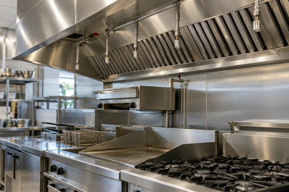 Cooking equipment beneath an extraction canopy illustrating Nottingham kitchen fire suppression