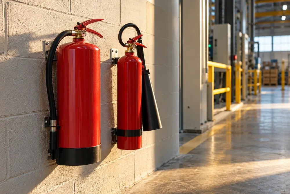Paired portable fire extinguishers along an indoor route in the Nottingham servicing guide